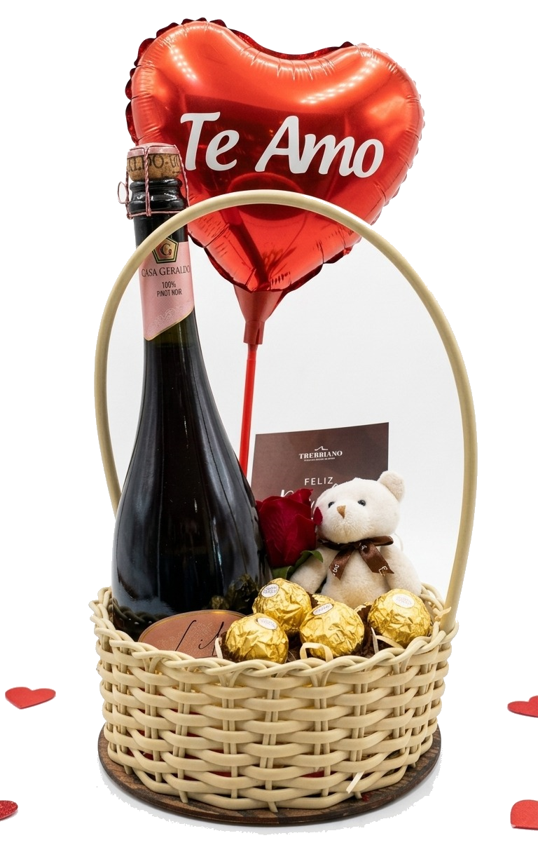 Cesta romântica com flores, vinho e chocolates