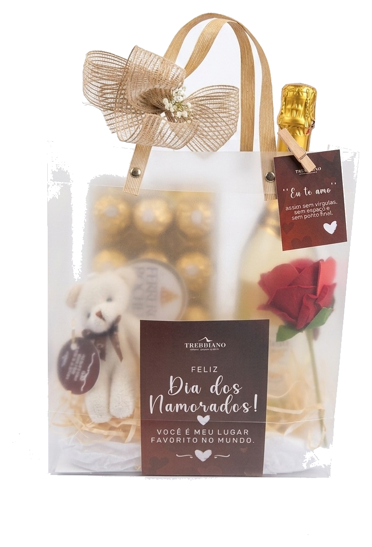 Cesta com vinho branco, chocolates e ursinho