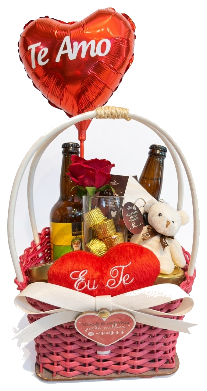 Cesta de namorados em bandeja com vinho